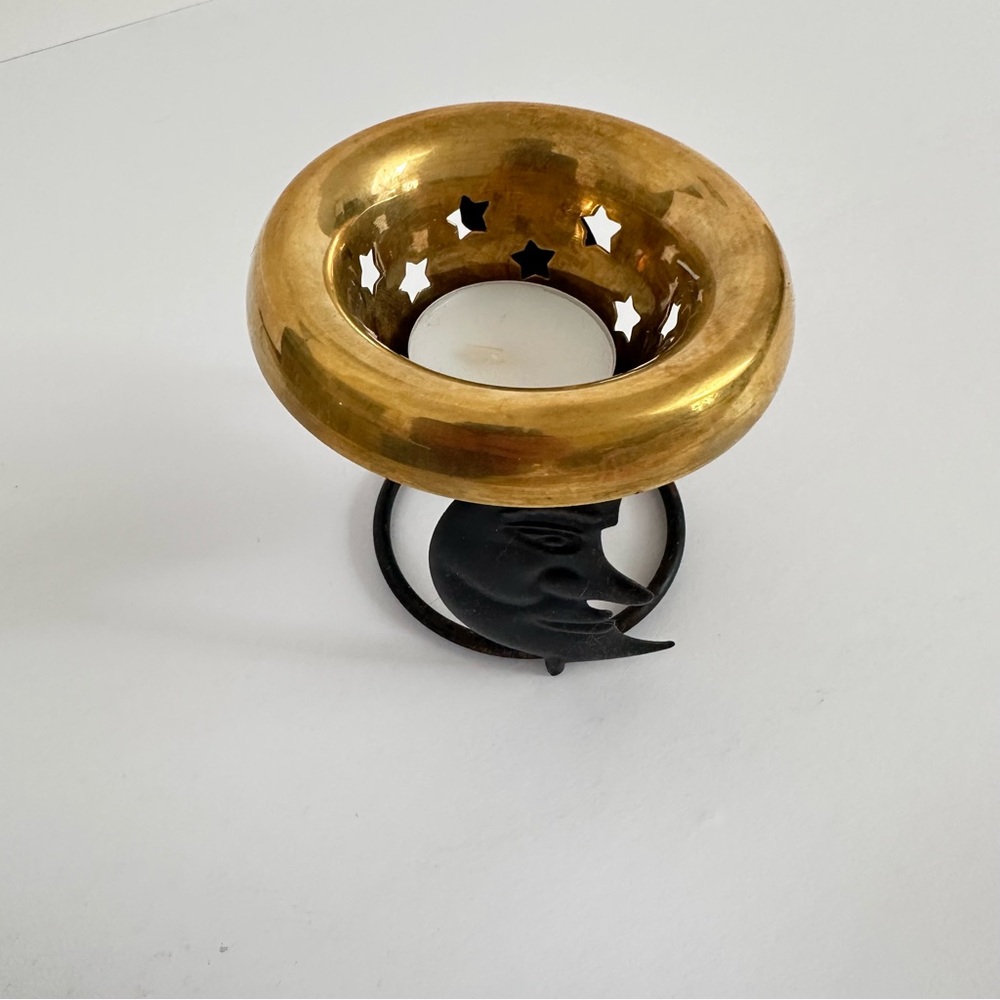 Vintage Brass Celestial Votive Holder with Star Cutouts & Crescent Moon Base